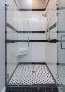 kirkendall design retro black and white tile shower