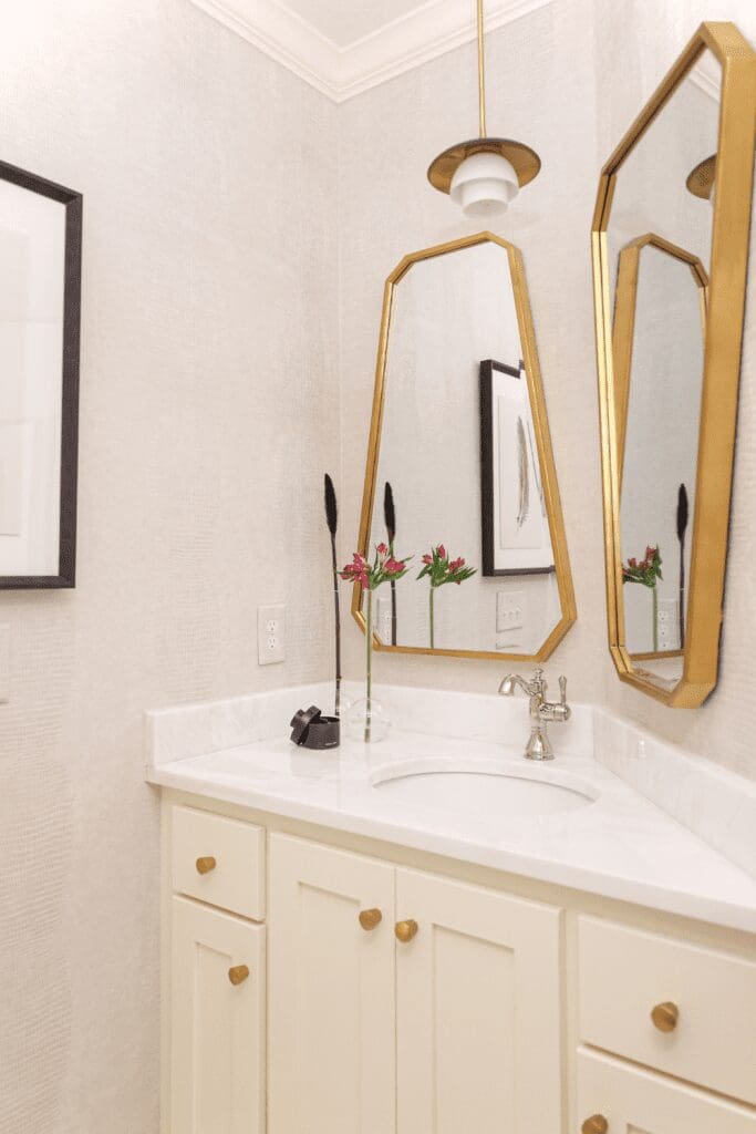 odd shaped small bathroom interior design by Kirkendall Design in Tulsa, OK