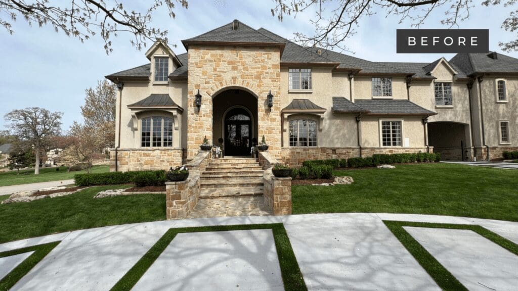 Exterior of a beautiful home before limewash treatment. By Kirkendall Design.