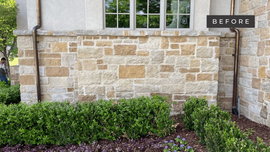 Exterior of a beautiful home before limewash treatment. By Kirkendall Design.
