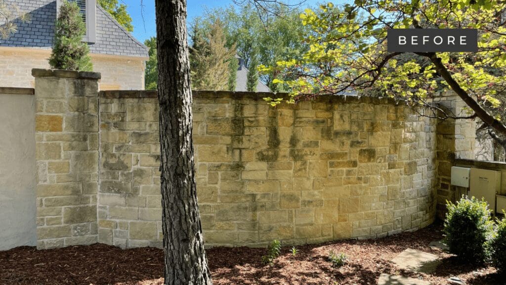 Exterior of a beautiful home before limewash treatment. By Kirkendall Design.