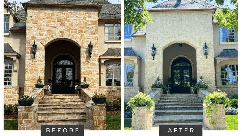 before and after of dramatic exterior stone refresh using limewash