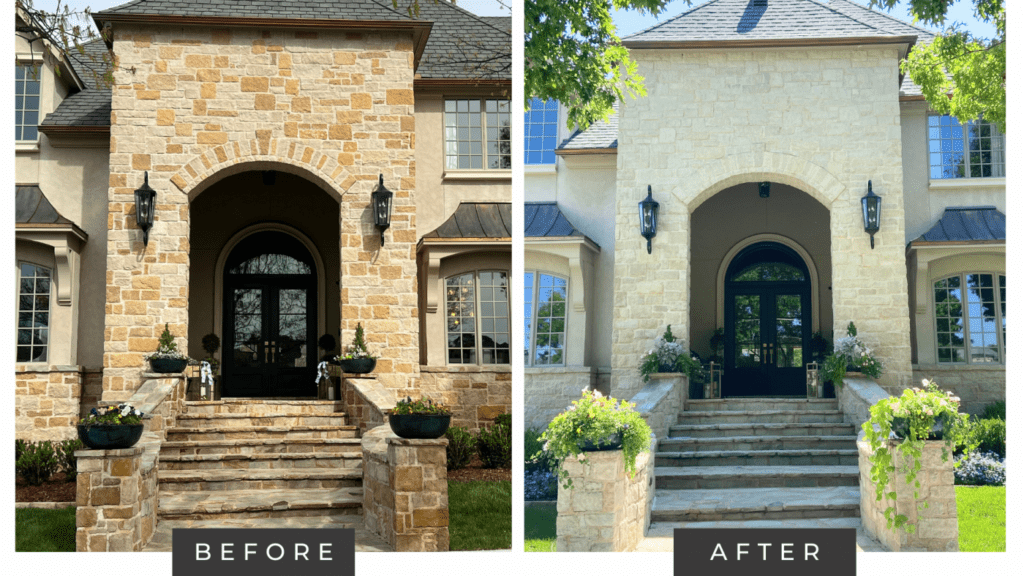 before and after of dramatic exterior stone refresh using limewash