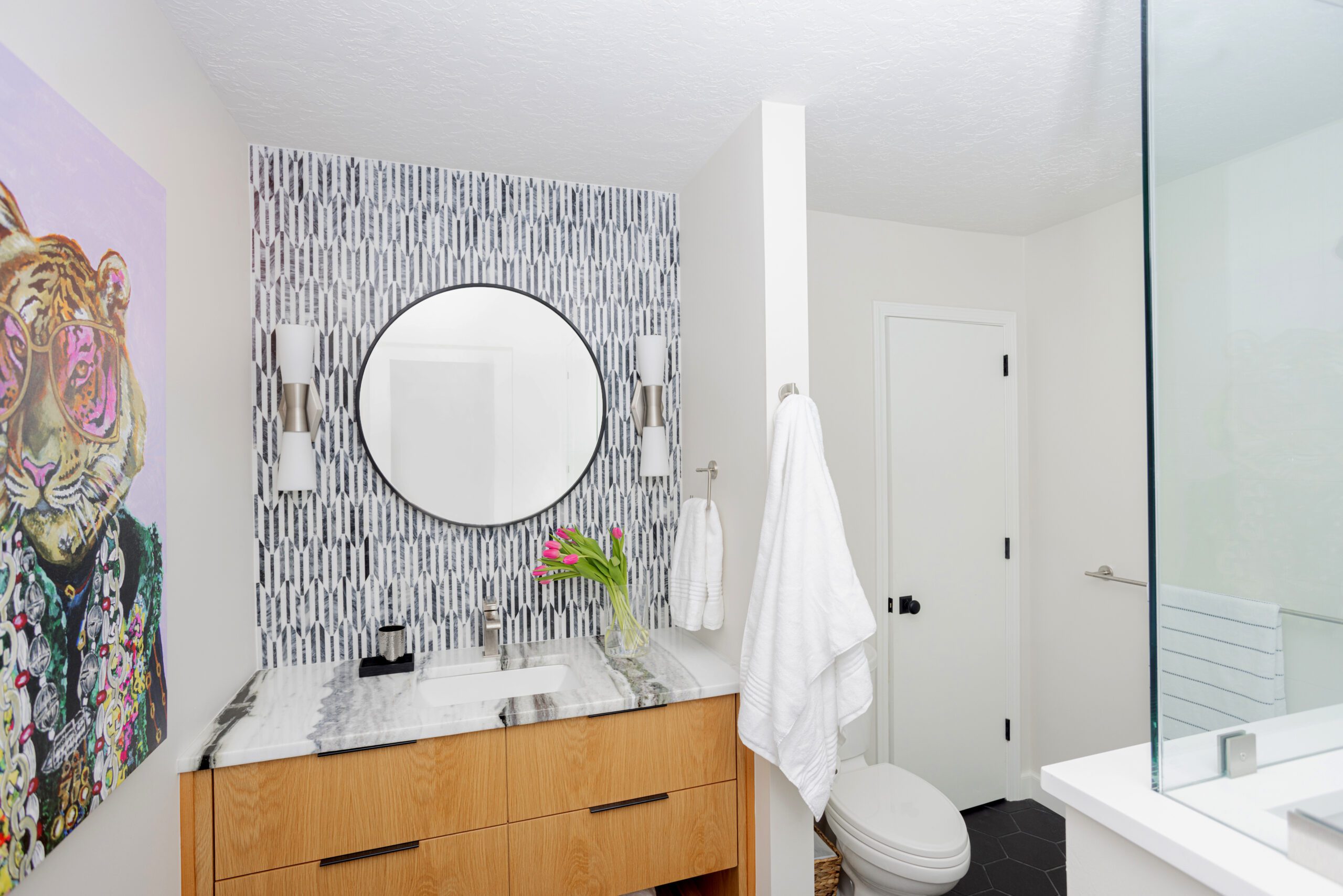 powder bath with bold wallpaper interior design by Kirkendall Design in Tulsa