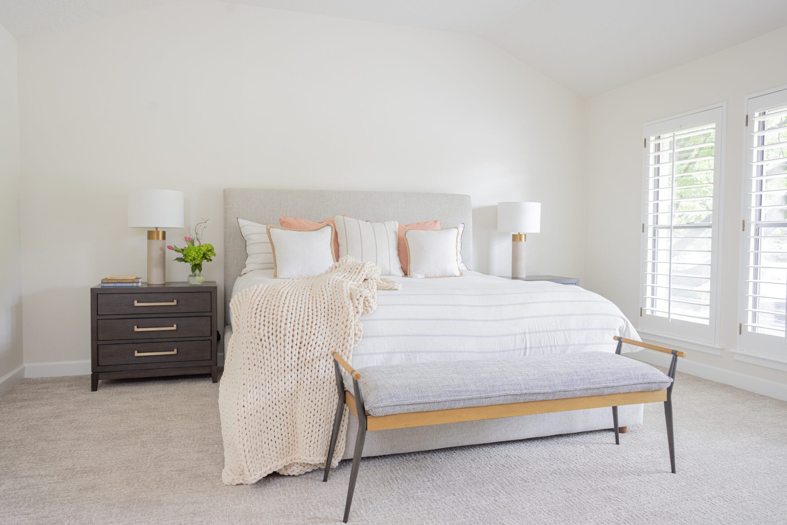 neutral luxury primary bedroom interior design by Kirkendall Design in Tulsa