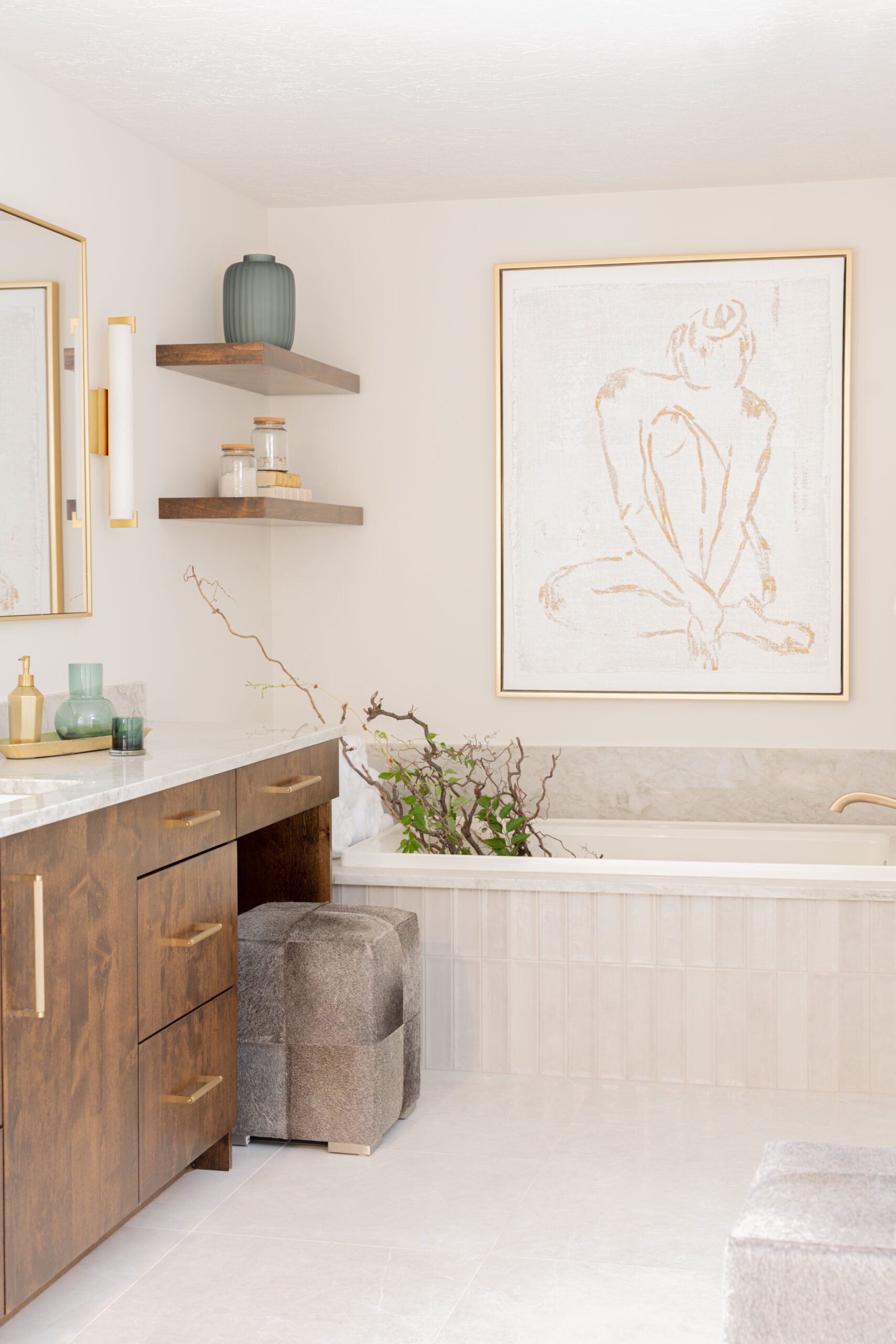 gold and neutral primary bath renovation and interior design by Kirkendall Design in Tulsa