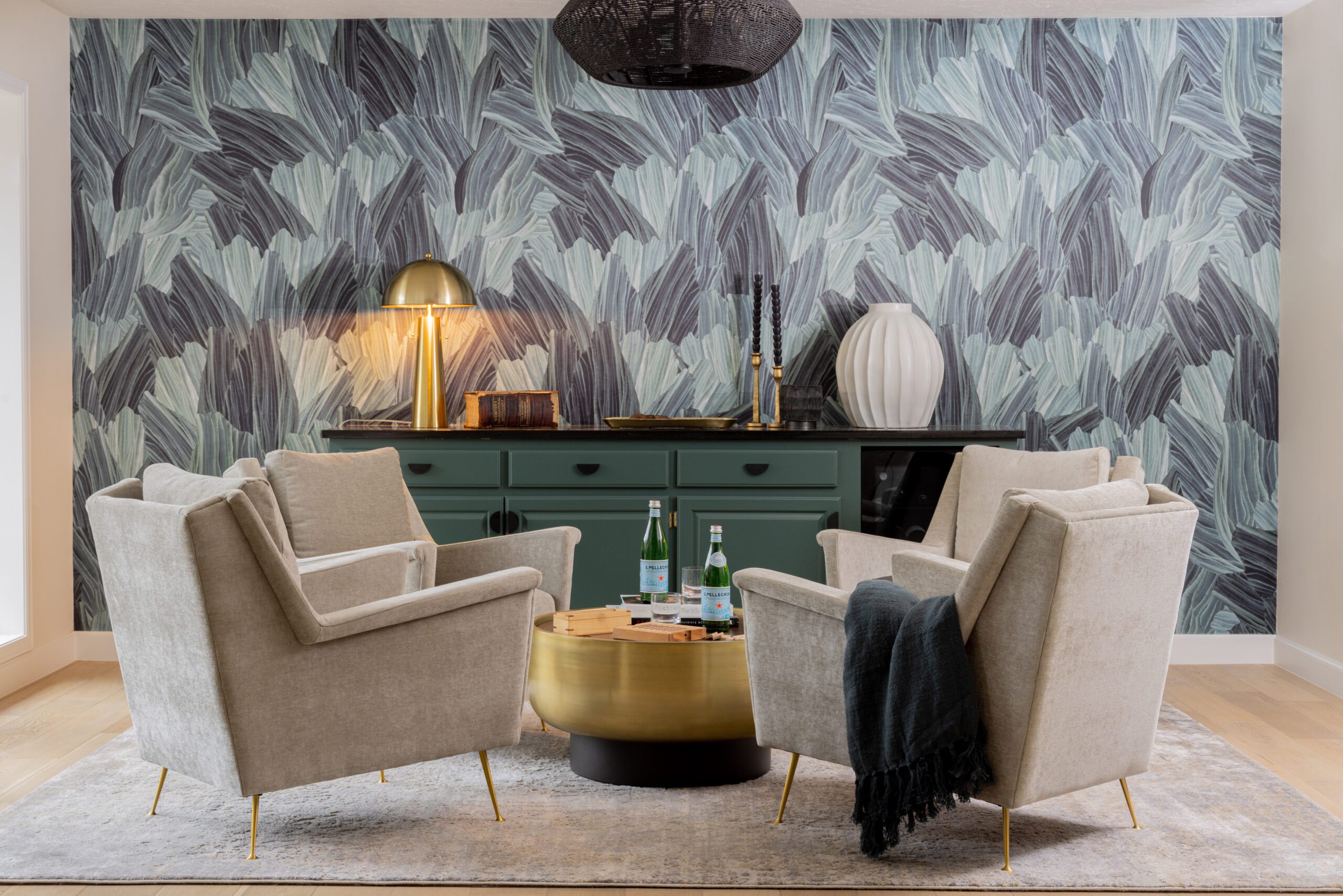 bold green wallpaper in lounge sitting room interior design by Kirkendall Design in Tulsa