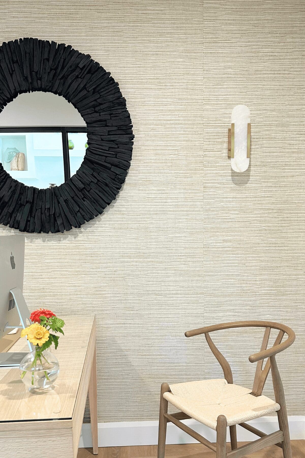 marble sconce on wallpaper in office, commercial design by Kirkendall Design