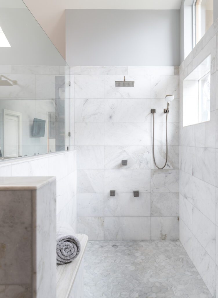 doorless shower bathroom interior design by Kirkendall Design