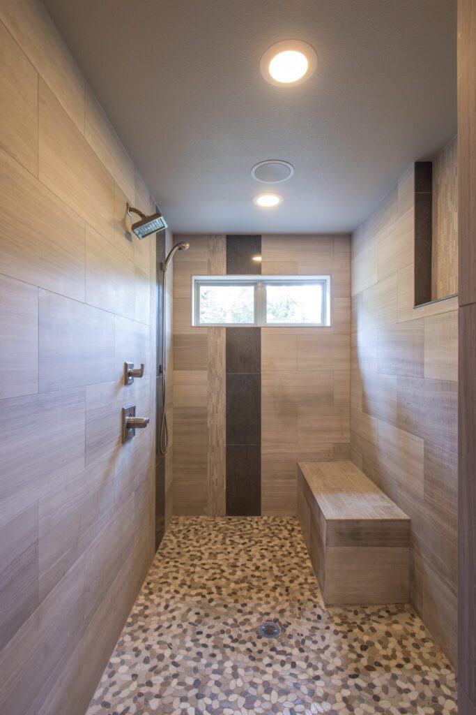doorless shower bathroom interior design by Kirkendall Design