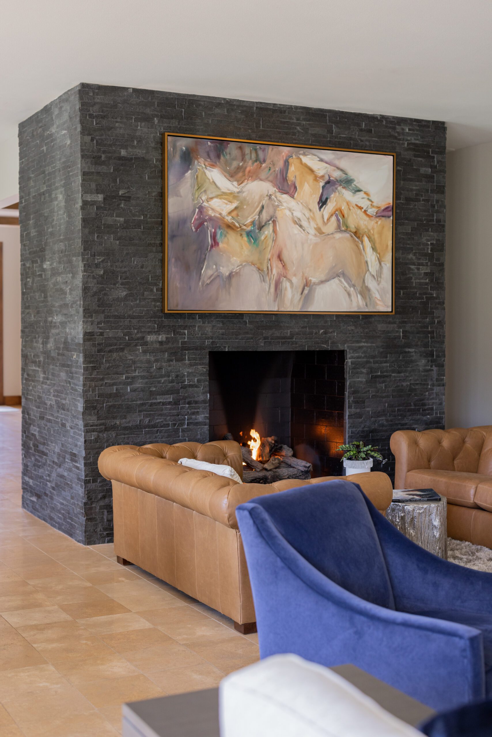 black stone fireplace interior design by Kirkendall Design
