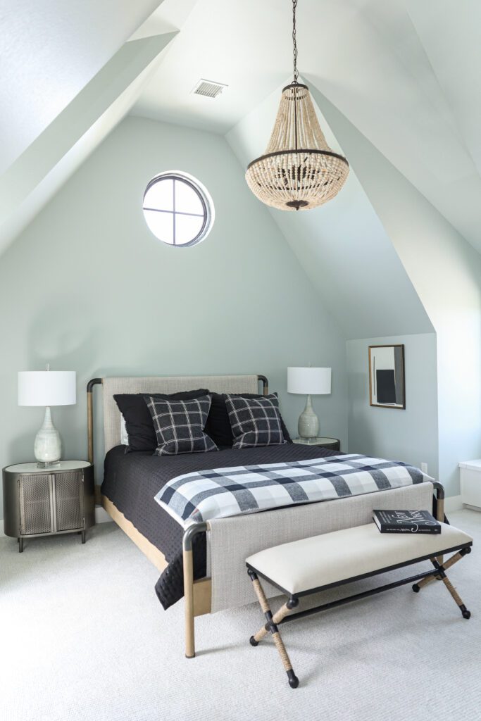attic bedroom, interior design by Kirkendall Design in Tulsa OK