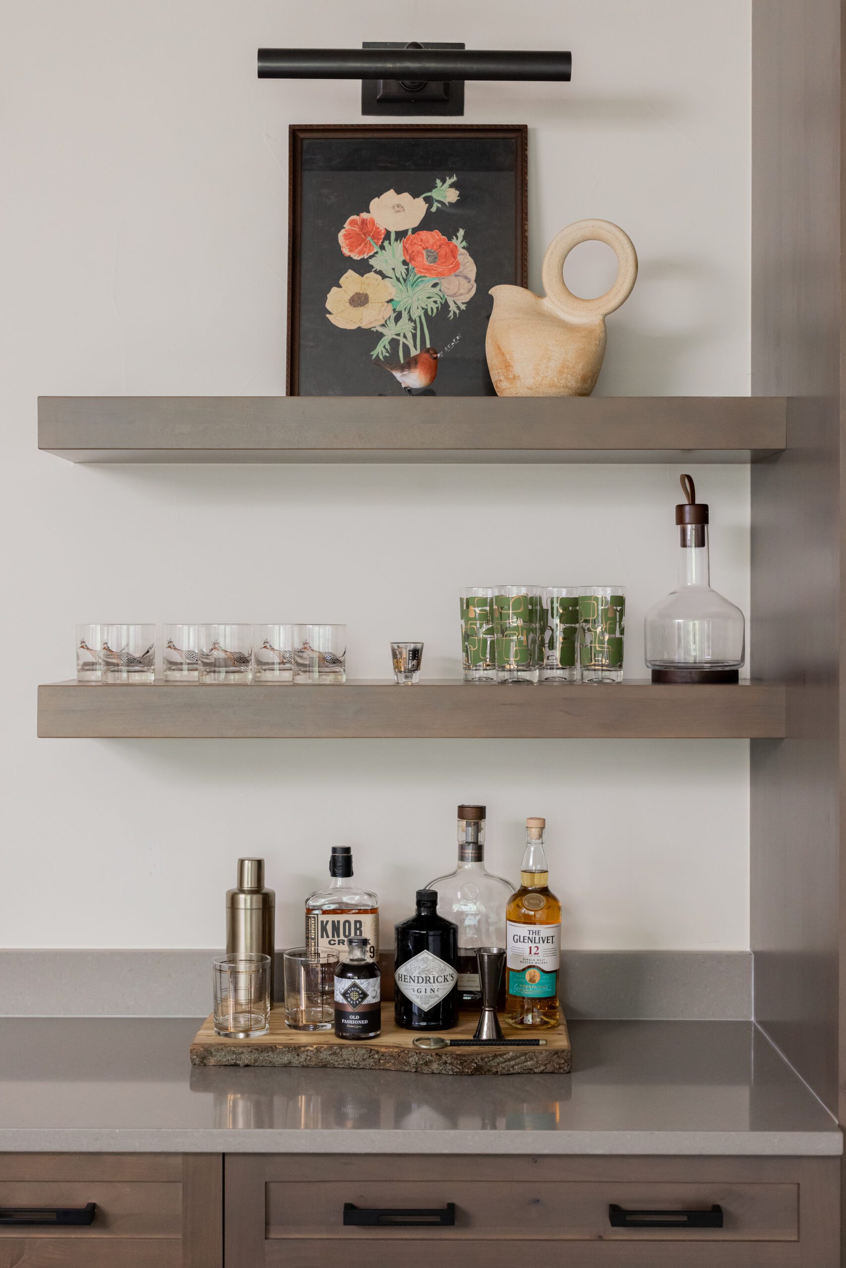 display shelves in kitchen, luxury interior design by Kirkendall Design of Tulsa, OK