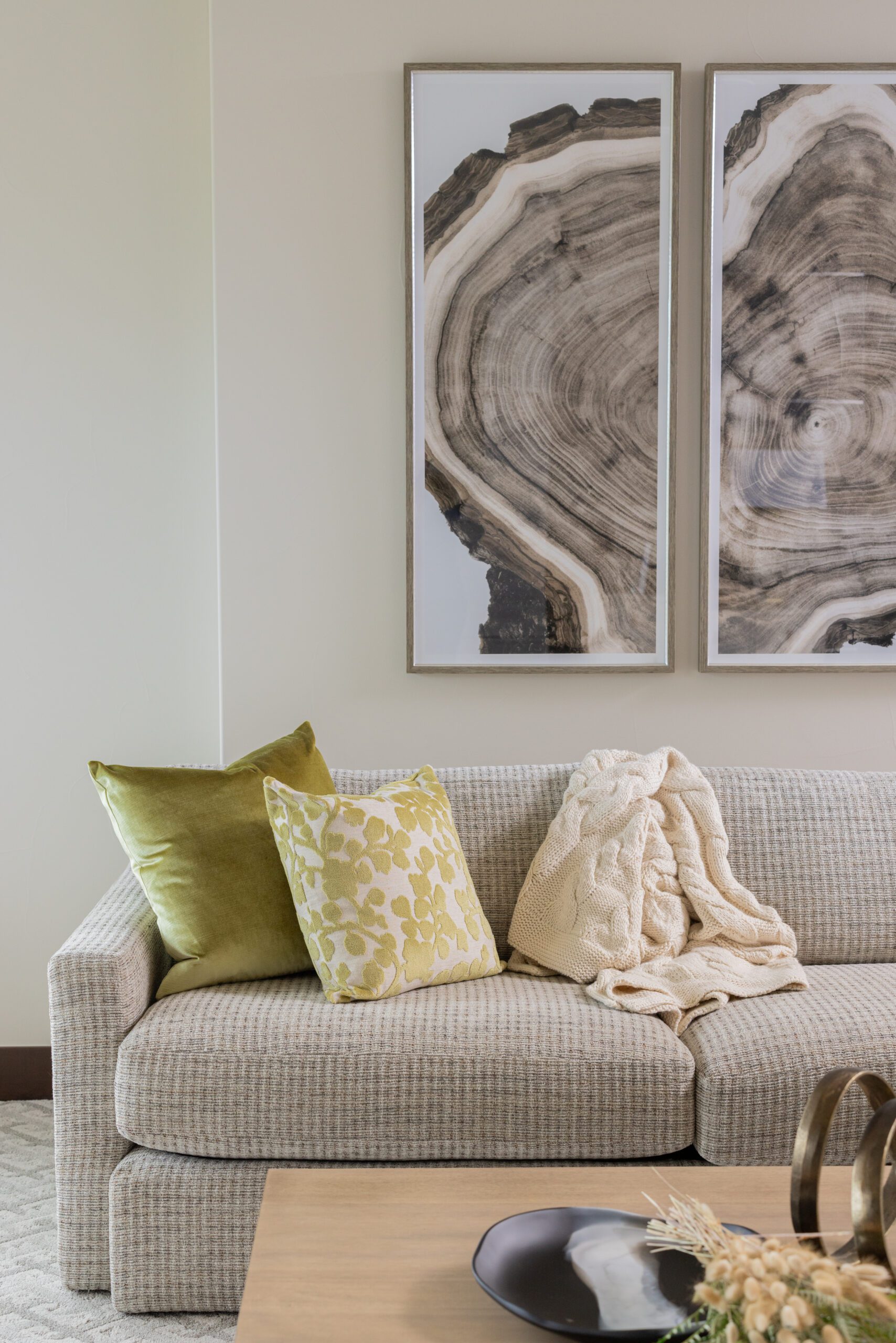 neutral couch with green accents in game room, luxury interior design by Kirkendall Design of Tulsa, OK