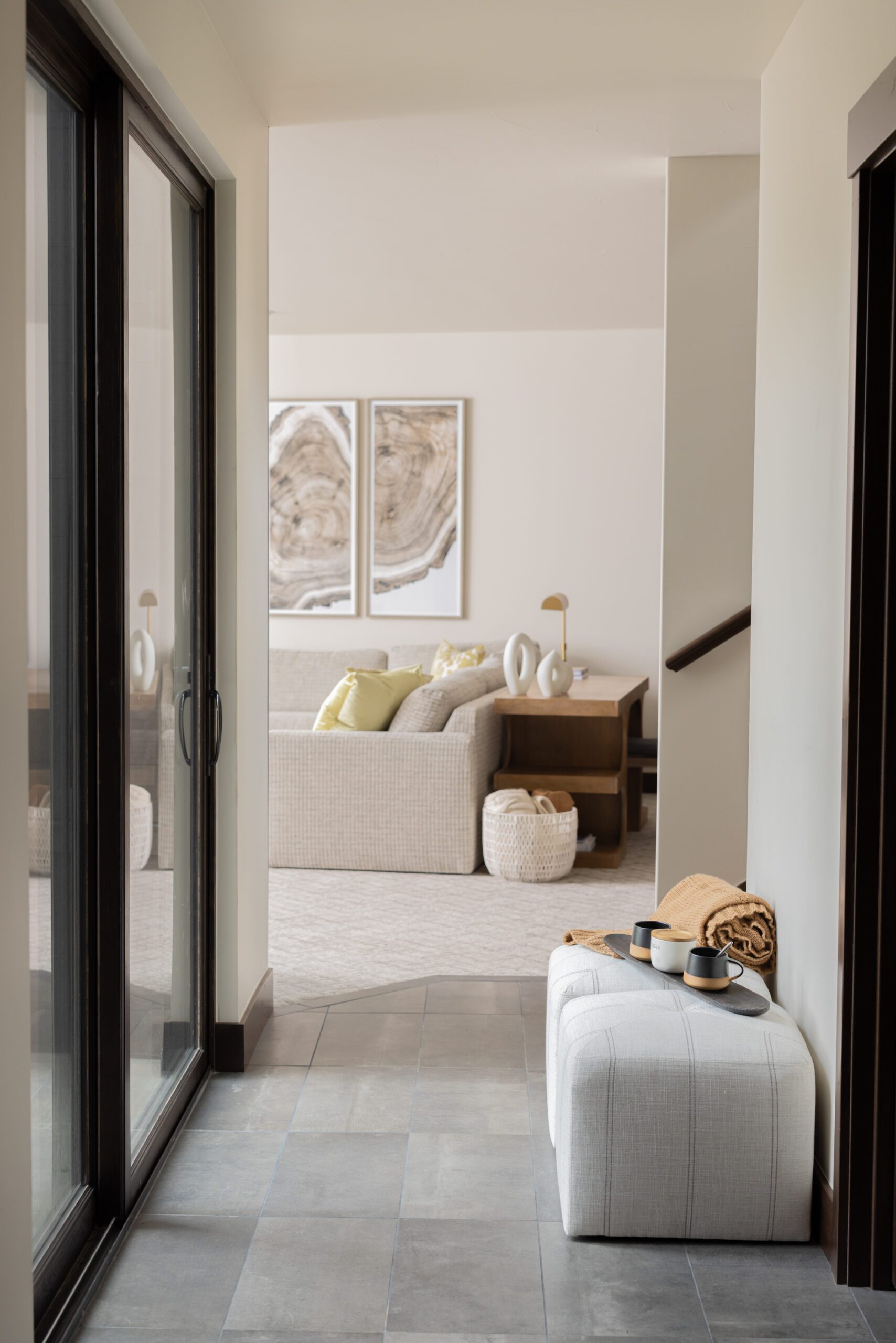 basement hallway looking into the gameroom, luxury interior design by Kirkendall Design of Tulsa, OK