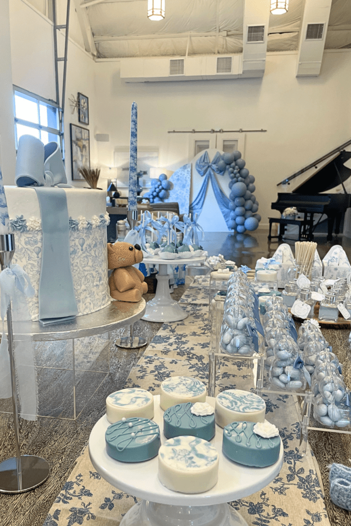 Sweet blue and white set up for a baby shower hosted at The Studio at K|D in Tulsa 