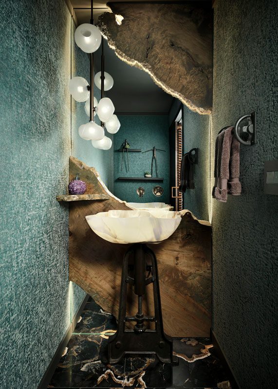 NKBA 2025 award-winning powder bath with custom quartz onyx sink and unconventional design elements inspired by the client's love for burled wood and gemstones