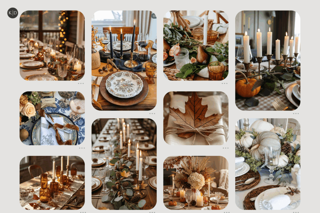 collage of images with ideas for a Thanksgiving Table for Family and Friends