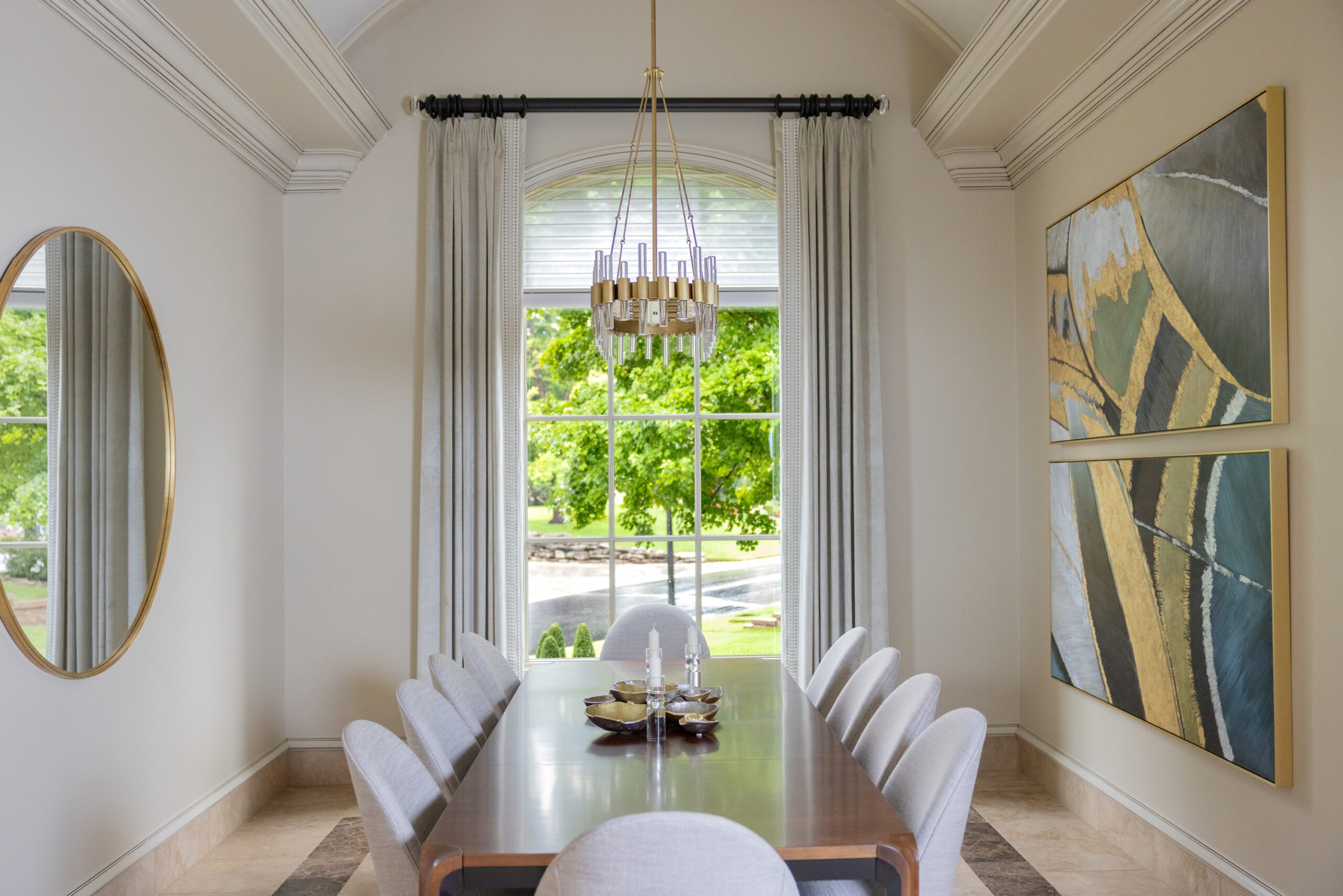 Tuscan-style dining room renovation in Tulsa OK, with updated lighting and new dining furniture, interior design by Kirkendall Design
