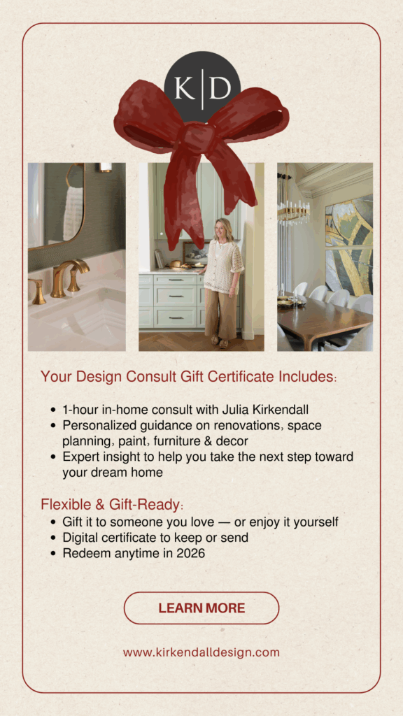 Information about Kirkendall Design's design consult gift certificate for personal luxury design experience.