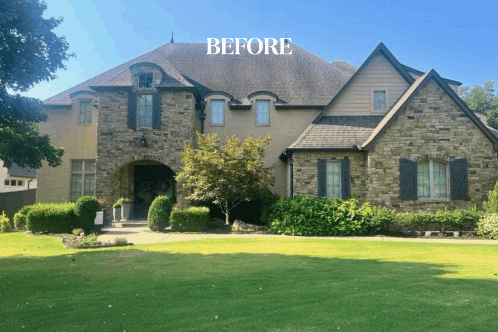 Before photo of Southern Oaks Tulsa home exterior with mixed brown stone and tan siding before limewash stone exterior refresh