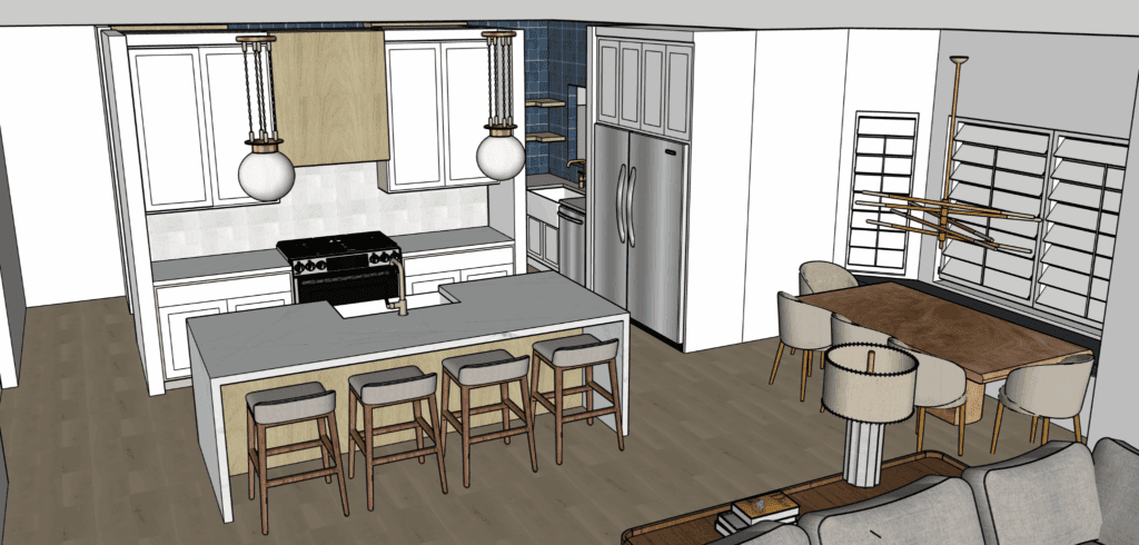 Luxury interior design by Kirkendall Design in Tulsa, OK featuring a 3D model of kitchen renovation with an open layout, central island, cabinetry, quartz countertops, classic ceramic tile backsplash, integrated appliances, and a custom hood.