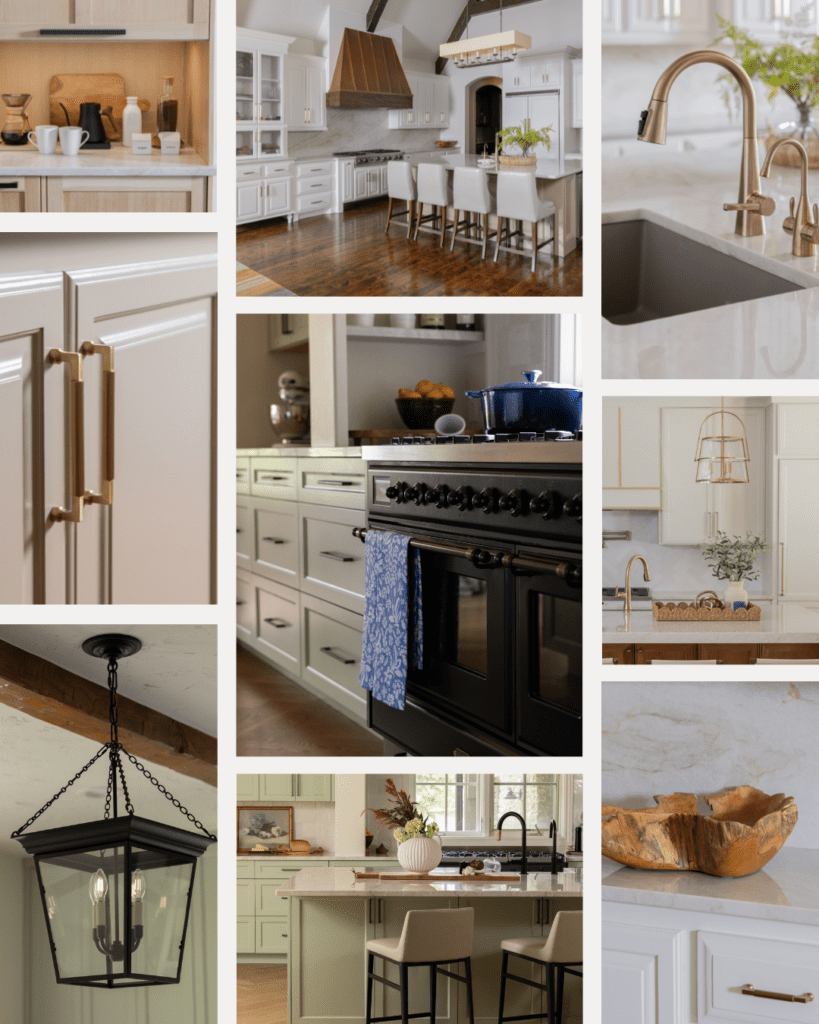 collage of luxury kitchens designed by Kirkendall Design in Tulsa OK