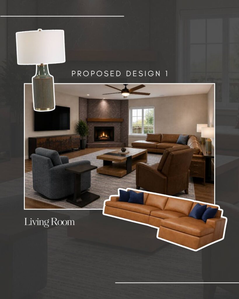 3D rendering of a modern luxury living room featuring new furnishings, a relocated television, layered textures, and a timeless design aesthetic focused on comfort and entertaining.