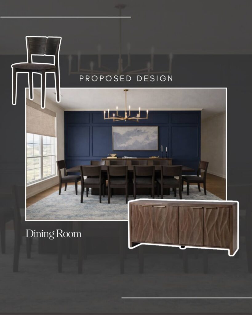 3D rendering of a sophisticated dining room featuring new furnishings, a custom accent wall painted in deep blue, and a timeless luxury design aesthetic.