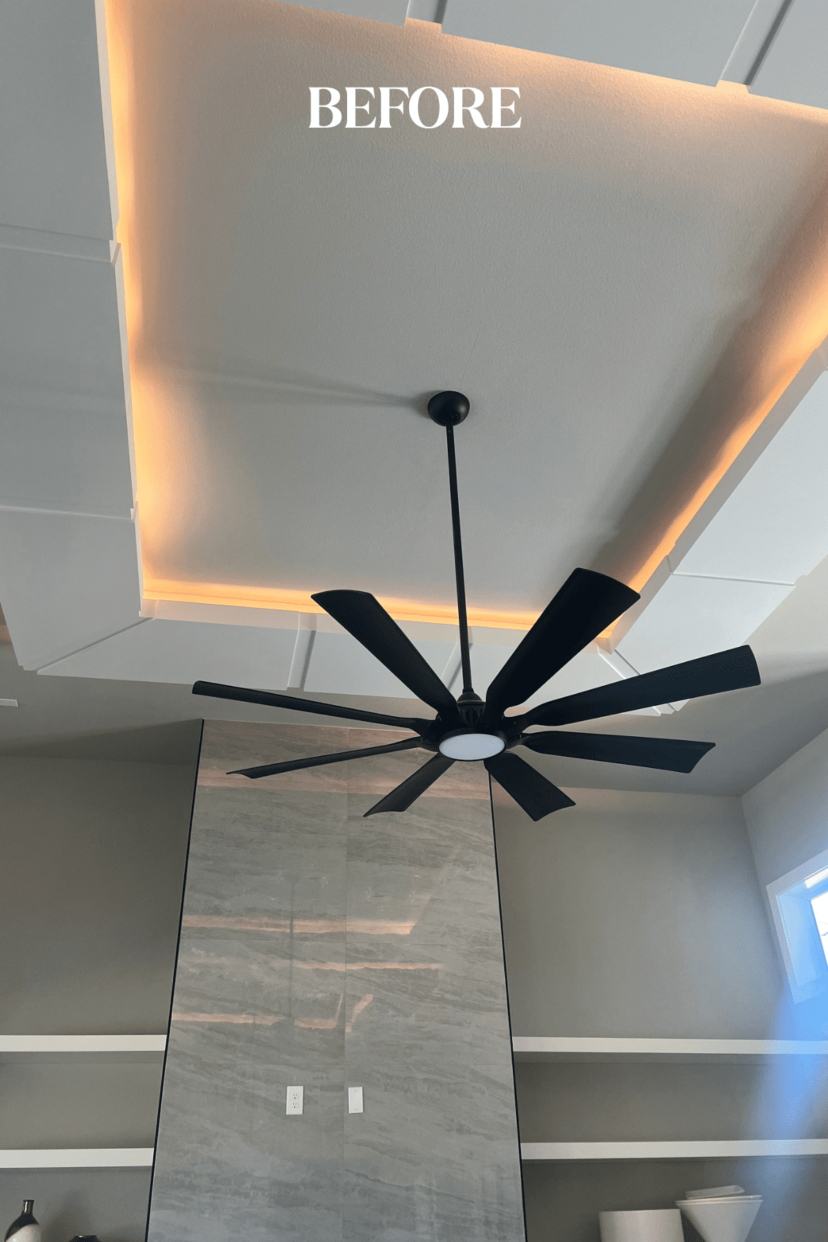 Before photo of a Tulsa new construction home living room featuring an oversized custom ceiling treatment painted white and blending into the surrounding ceiling
