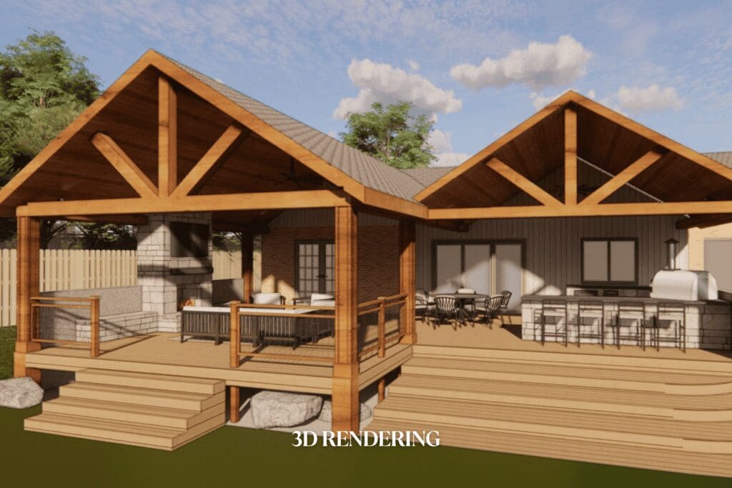 3D rendering by Kirkendall Design of a luxury outdoor living space with an expanded deck, outdoor fireplace, and kitchen for a Tulsa, Oklahoma home.