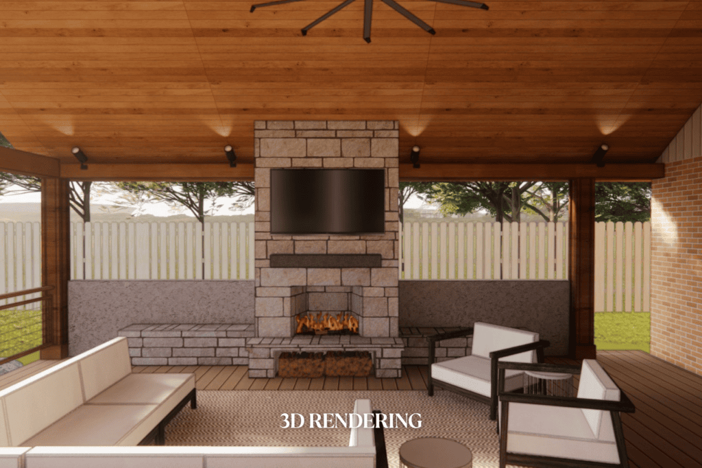 3D outdoor living design by Kirkendall Design showing a covered patio, custom outdoor kitchen, and fireplace planned for a Tulsa home renovation.