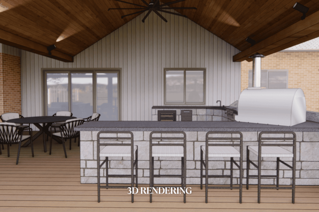 3D outdoor living design by Kirkendall Design showing a covered patio, custom outdoor kitchen, and outdoor dining planned for a Tulsa home renovation.