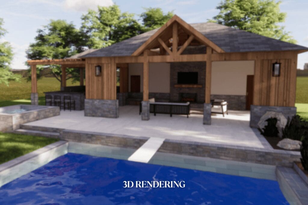 3D rendering by Kirkendall Design showing a custom pool cabana with outdoor kitchen, bathroom, and pool design for a Tulsa, Oklahoma home.
