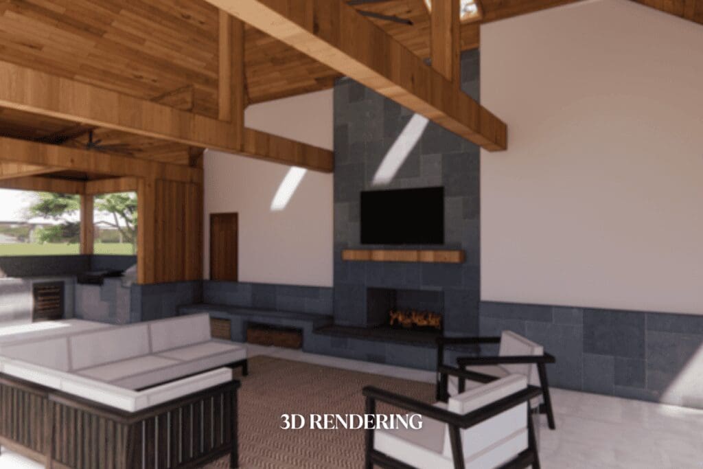 3D rendering by Kirkendall Design showing a custom pool cabana interior with fireplace, wood beams, and luxury outdoor living finishes in Tulsa.