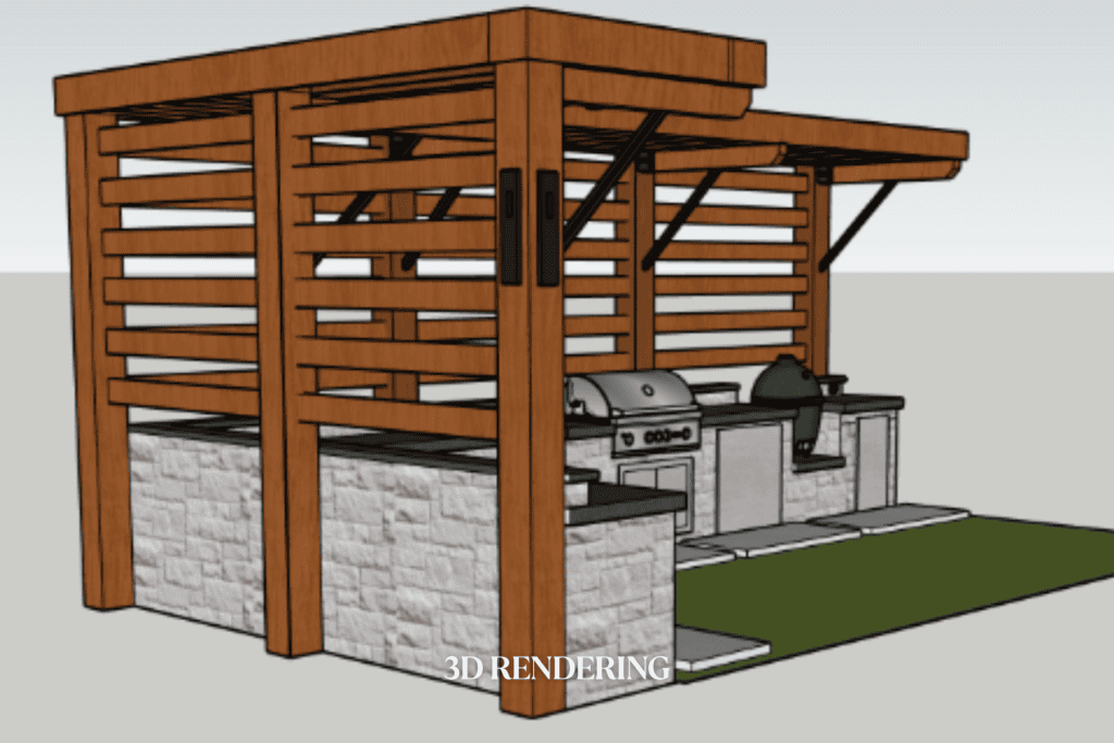 3D rendering by Kirkendall Design showing a custom outdoor kitchen and entertaining space designed for a Tulsa, Oklahoma home.