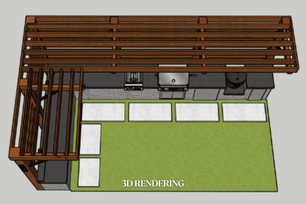 Overhead 3D rendering by Kirkendall Design showing the layout of a Tulsa outdoor kitchen with buffet-style serving space and screened pergola covering. Construction Progress Photo (Brick + Pergola Built)