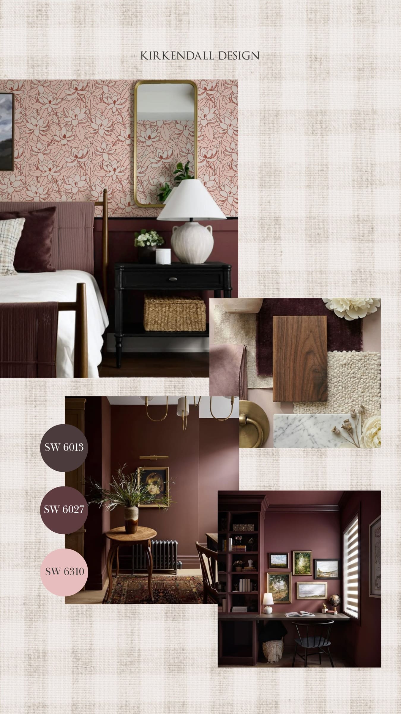 Interior design inspiration featuring Bitter Chocolate, Cordovan, and Lotus Flower paint colors selected by Kirkendall Design designer Sweta
