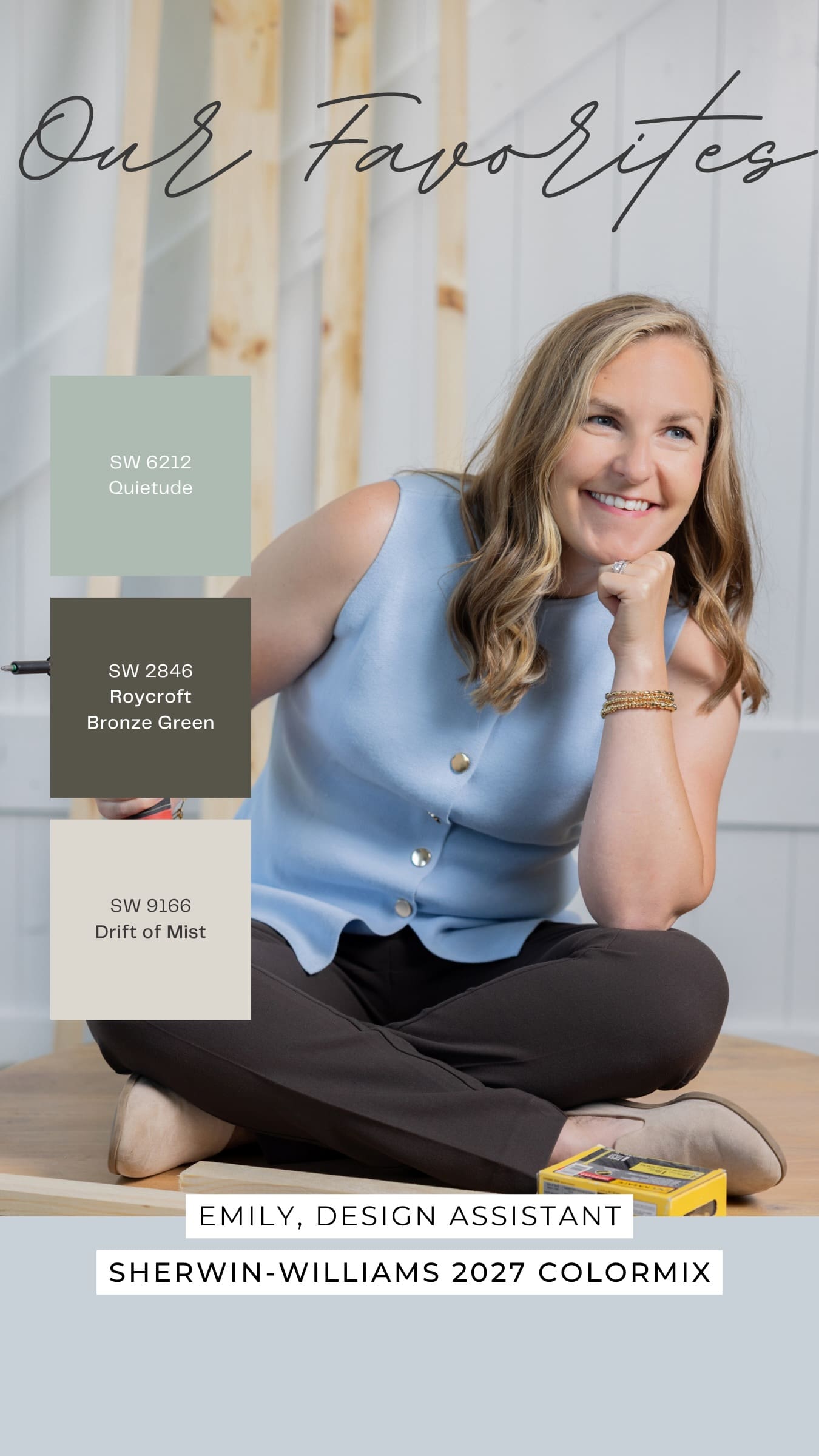 Emily’s favorite Sherwin-Williams 2027 Colormix Forecast colors, Quietude, Roycroft Bronze Green, and Drift of Mist