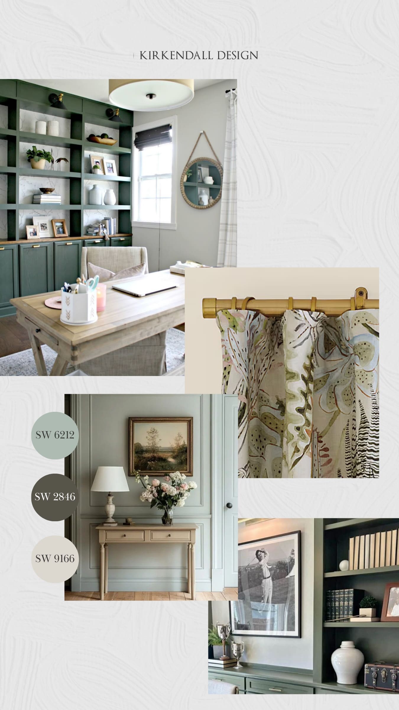 Interior design inspiration featuring Quietude, Roycroft Bronze Green, and Drift of Mist paint colors selected by Kirkendall Design designer Emily