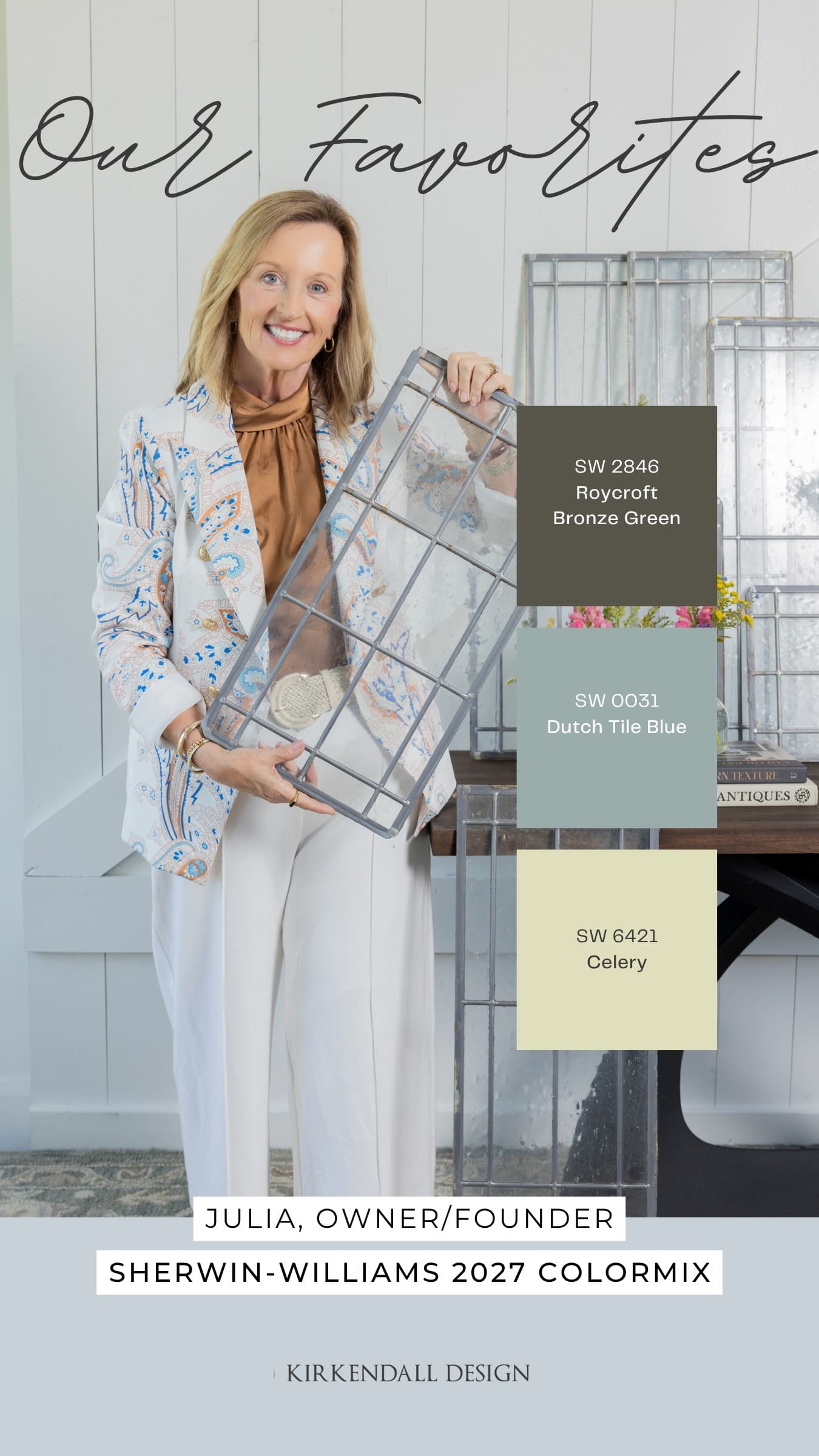 Julia Kirkendall’s favorite Sherwin-Williams 2027 Colormix Forecast colors, Roycroft Bronze Green, Dutch Tile Blue, and Celery