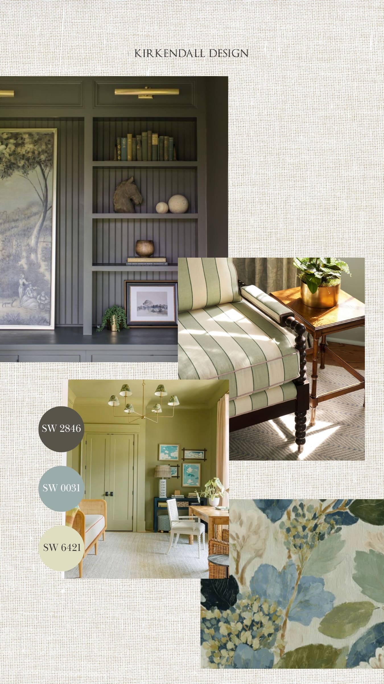 Interior design inspiration featuring Roycroft Bronze Green, Dutch Tile Blue, and Celery paint colors selected by Kirkendall Design