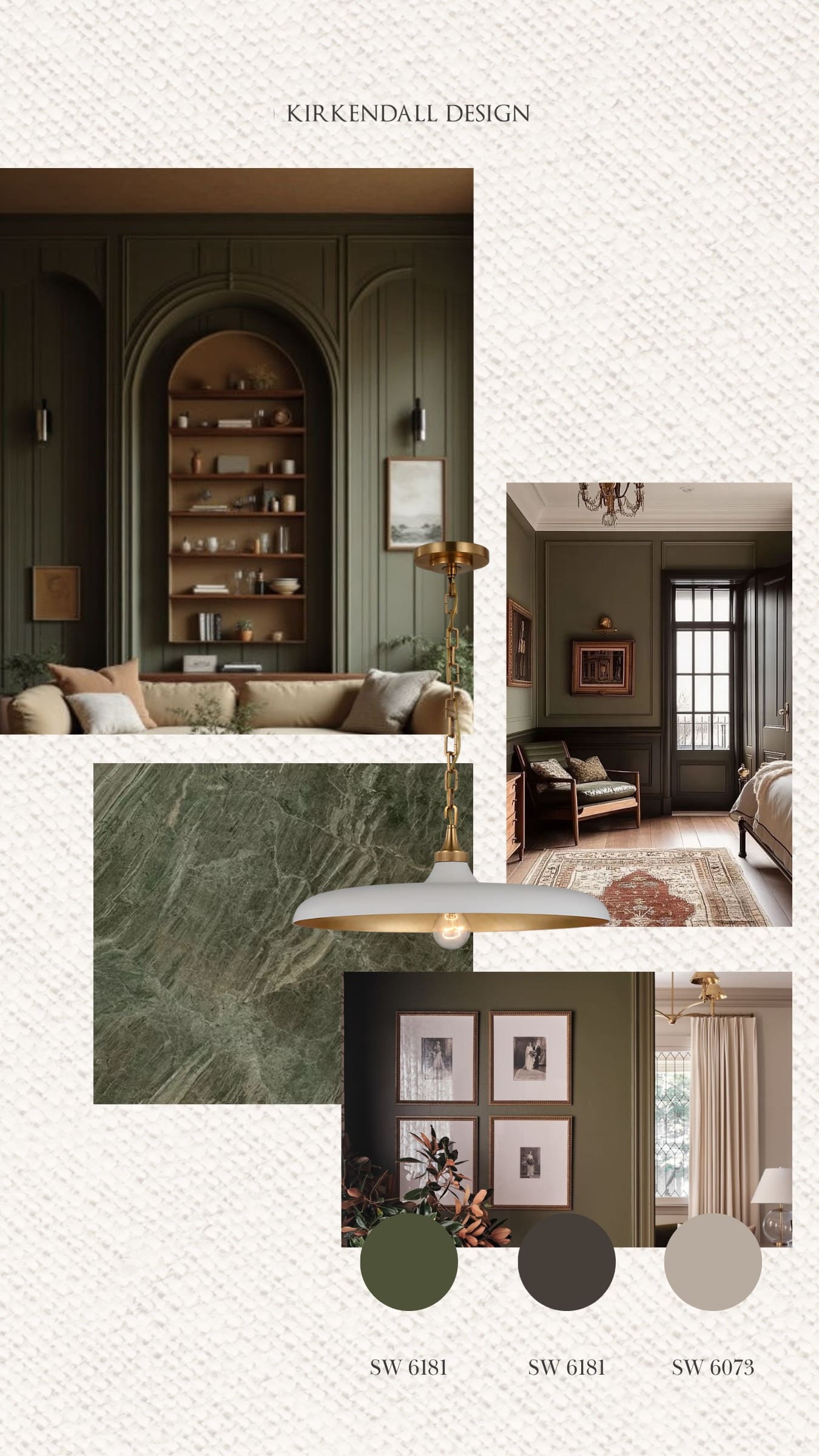 Interior design inspiration featuring Secret Garden, Clove, and Perfect Greige paint colors selected by Kirkendall Design designer Lindsay